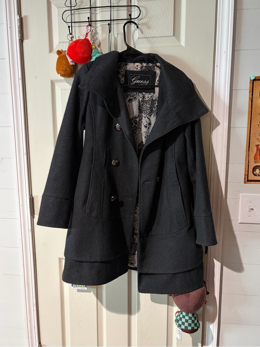 Guess Black Double-Breasted Pea Coat with Statement Collar